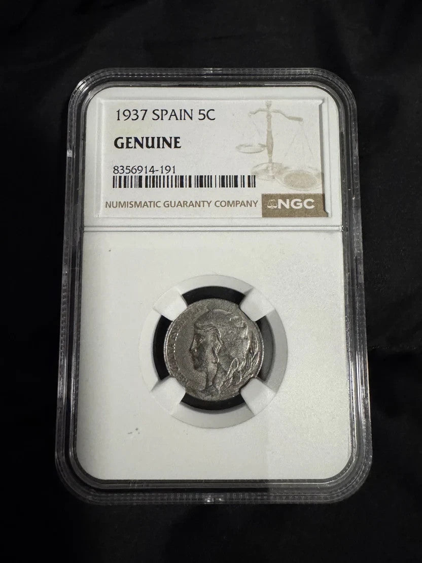 1937Spain 5 Centimos – NGC Genuine – Spanish Civil War Era Coin – Bronze