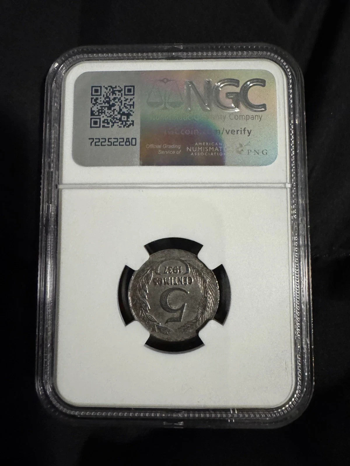 1937Spain 5 Centimos – NGC Genuine – Spanish Civil War Era Coin – Bronze