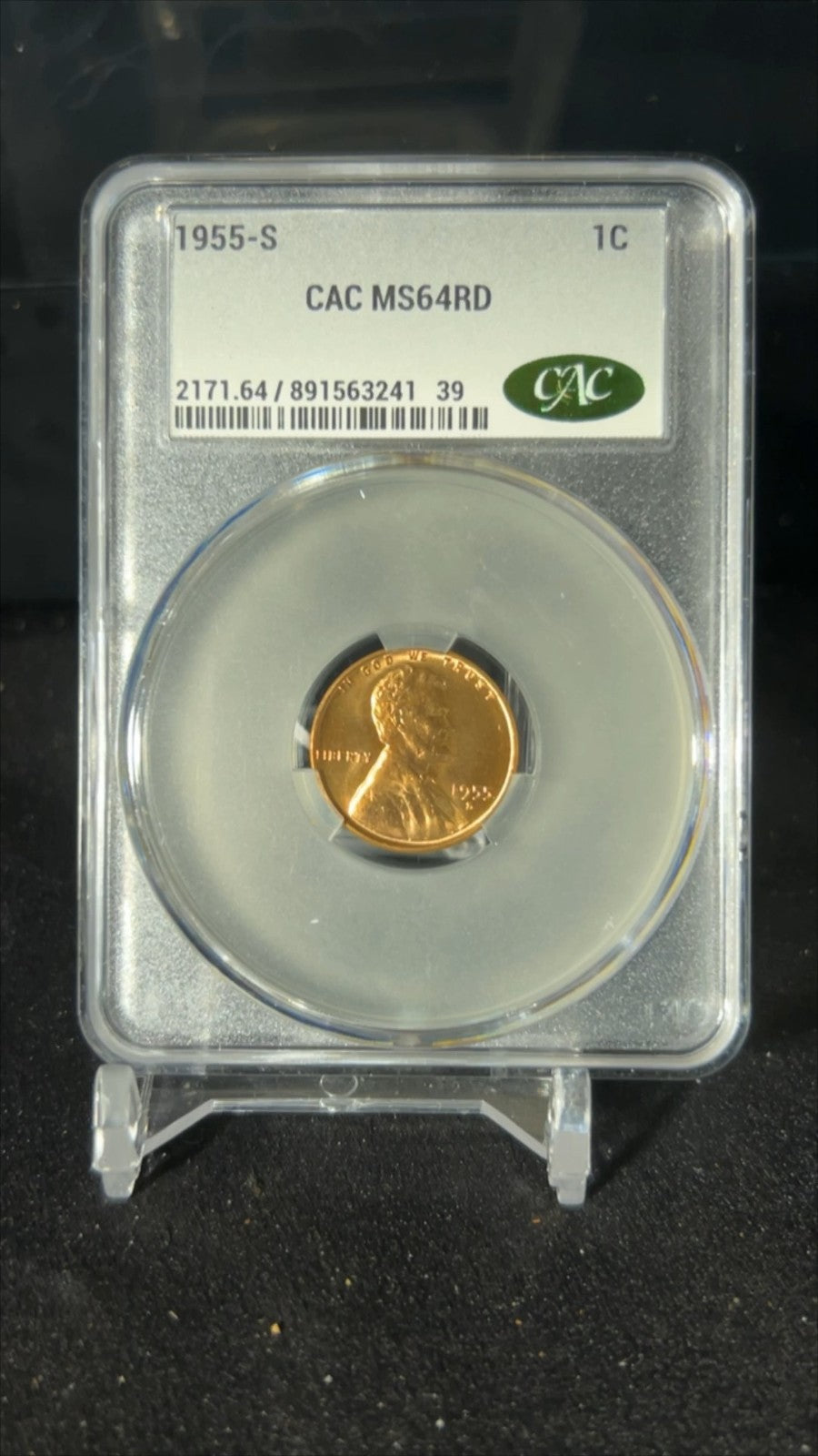 1955 S 1C Wheat Cent CAC MS64 RD