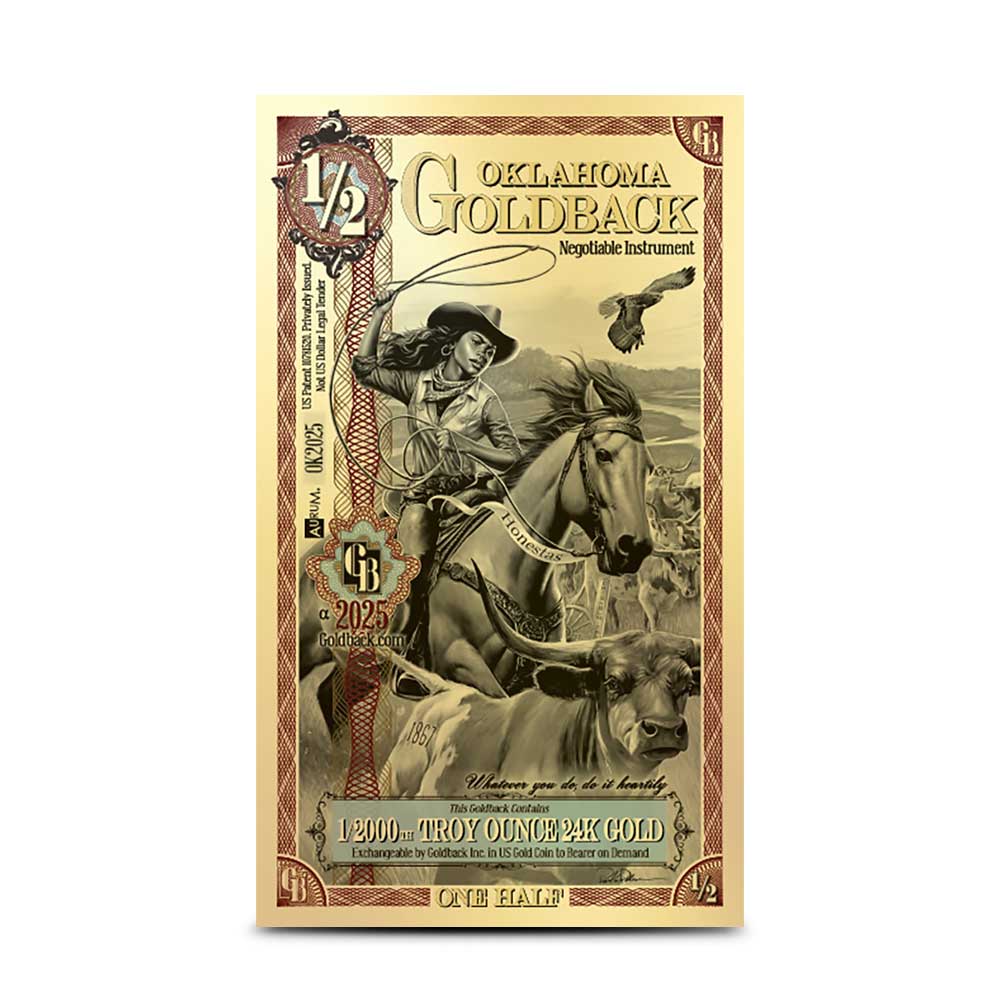1/2 Oklahoma Goldback – 24k Gold Foil Note (Spendable Gold Currency)
