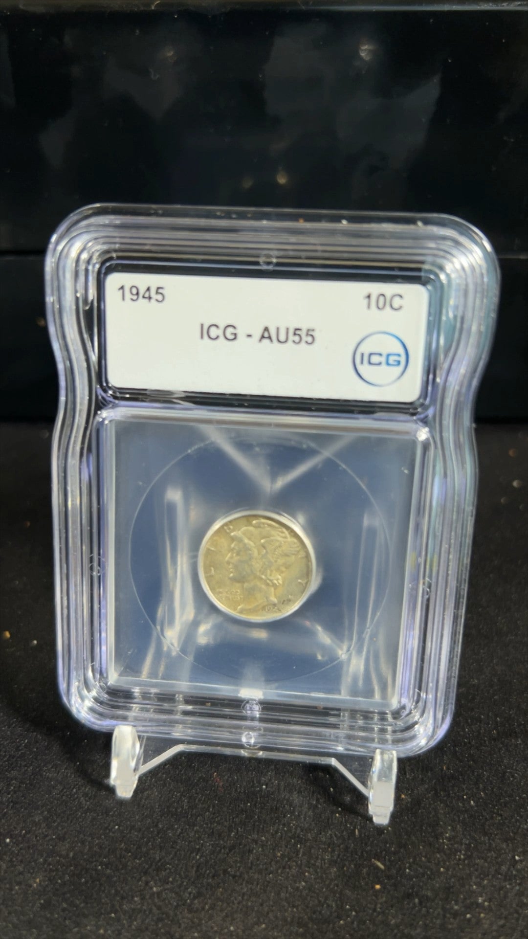 1945 Mercury Dime – ICG AU55 – 90% Silver – Last Year of Issue – Beautiful Early U.S. Coin