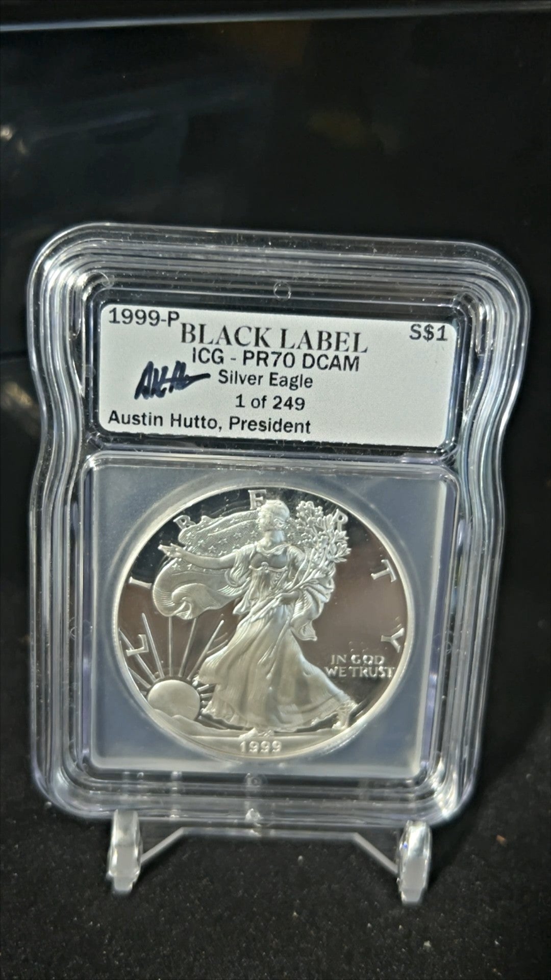 1999-P American Silver Eagle Proof – ICG PR70 DCAM – Hutto Black Label 1 Of 249