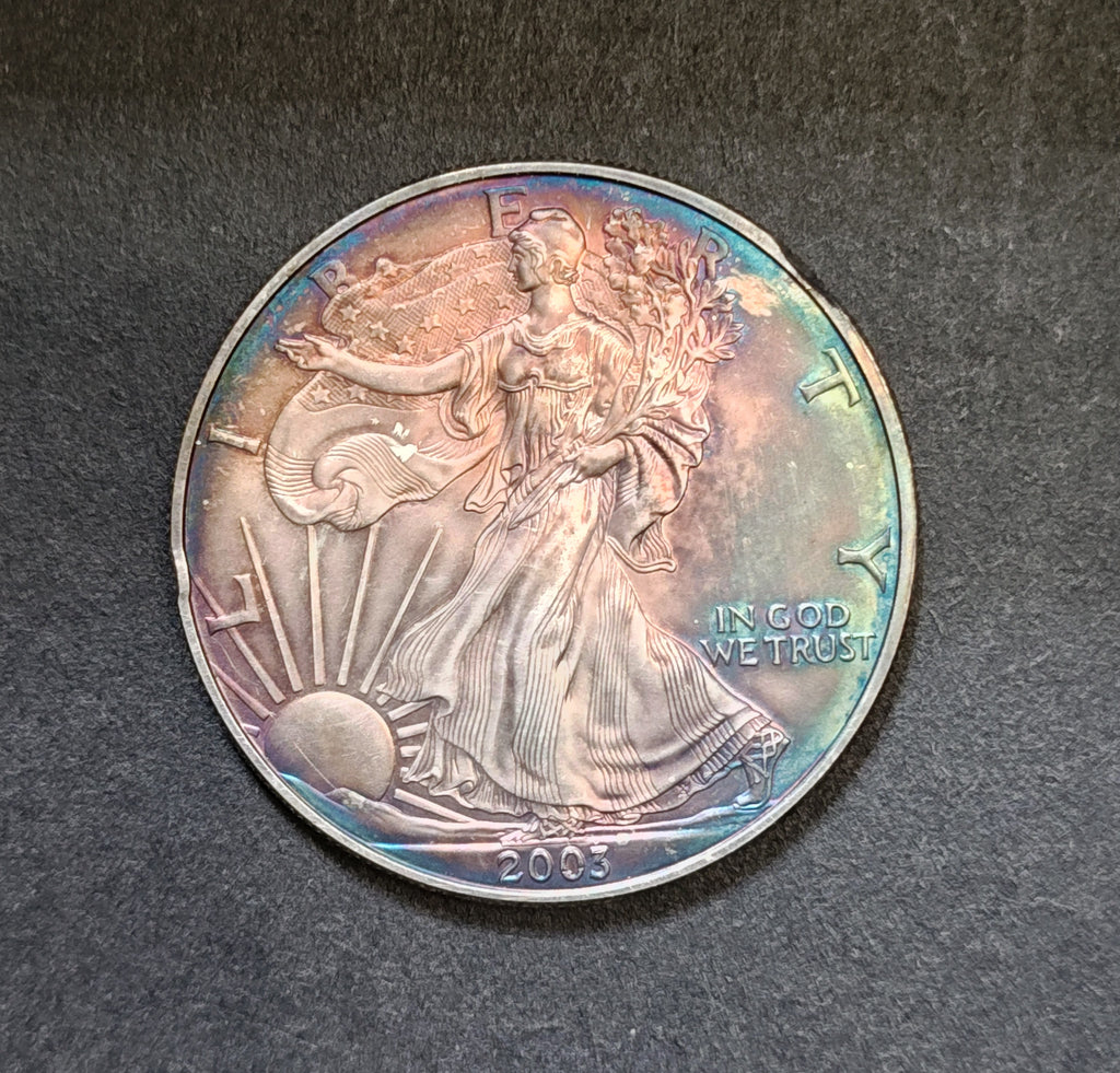 1 oz American Silver Eagle – Rainbow Toned with Minor Rim Marks