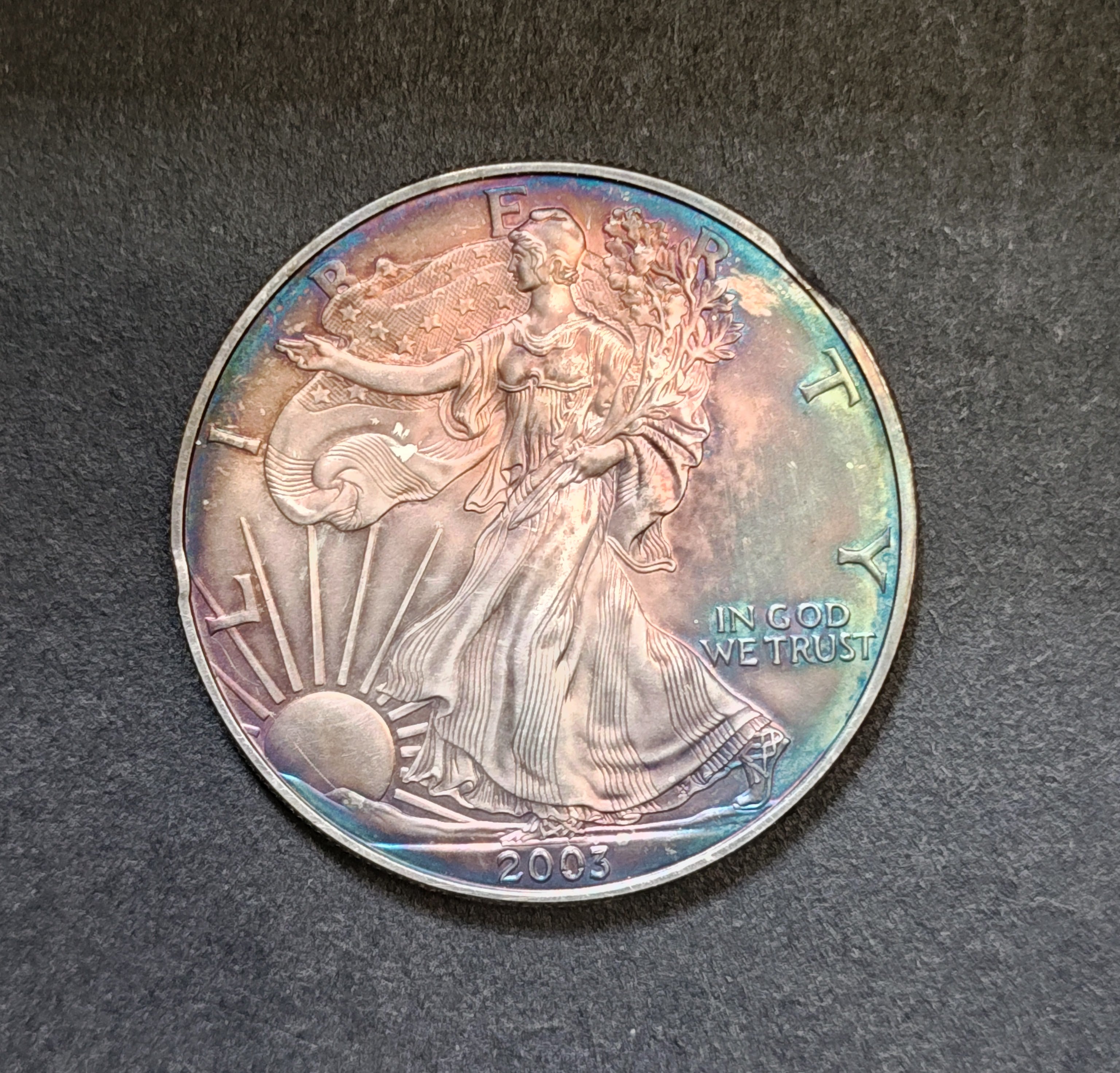 1 oz American Silver Eagle – Rainbow Toned with Minor Rim Marks