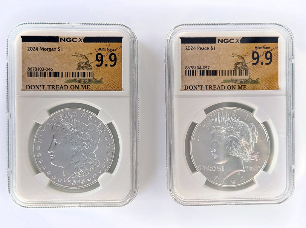 2024 Morgan & Peace Silver Dollar Set – NGCX 9.9 “Don’t Tread On Me” Label