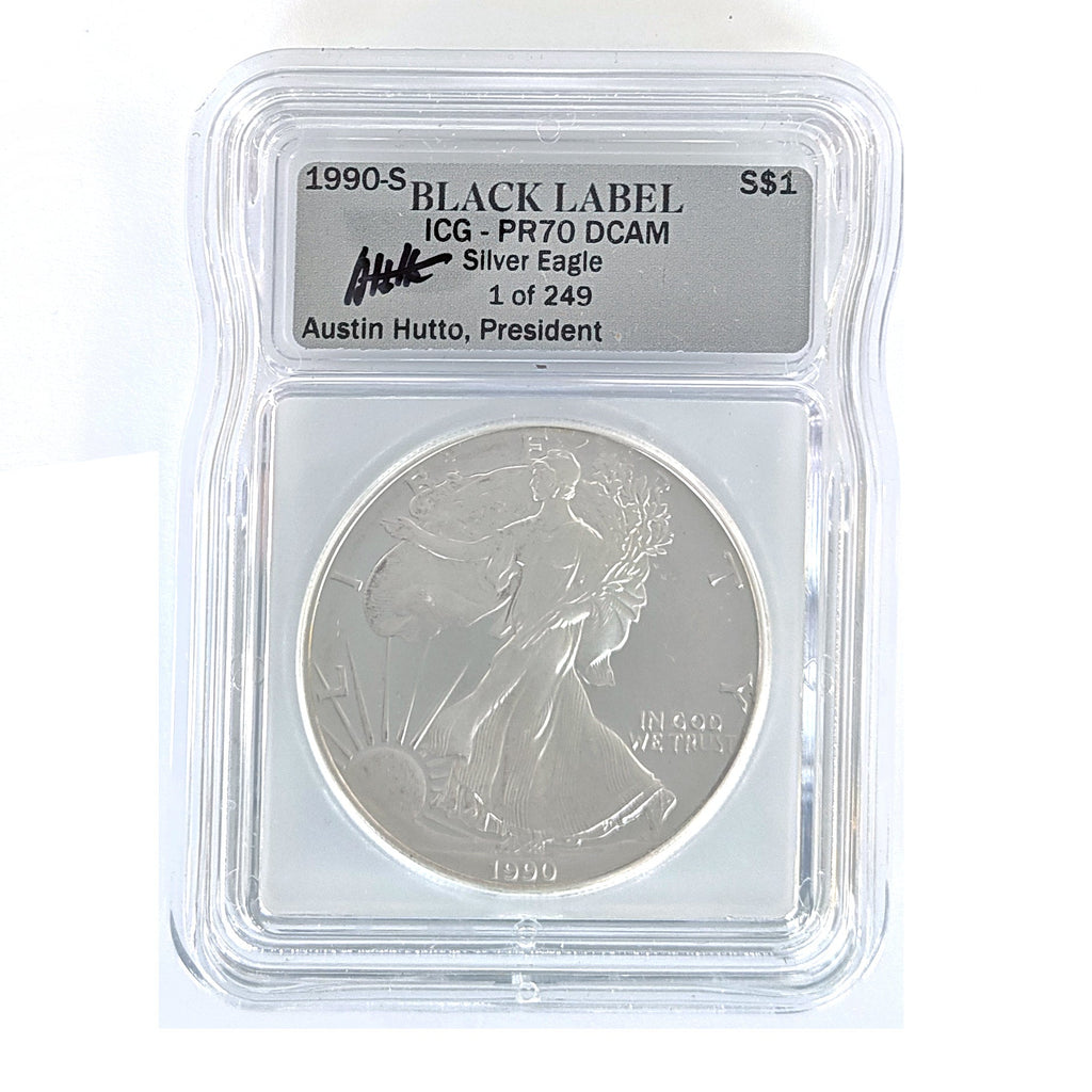 1990-S Proof Silver Eagle – ICG Black Label PR70 DCAM (1 of 249 Signed by Austin Hutto)