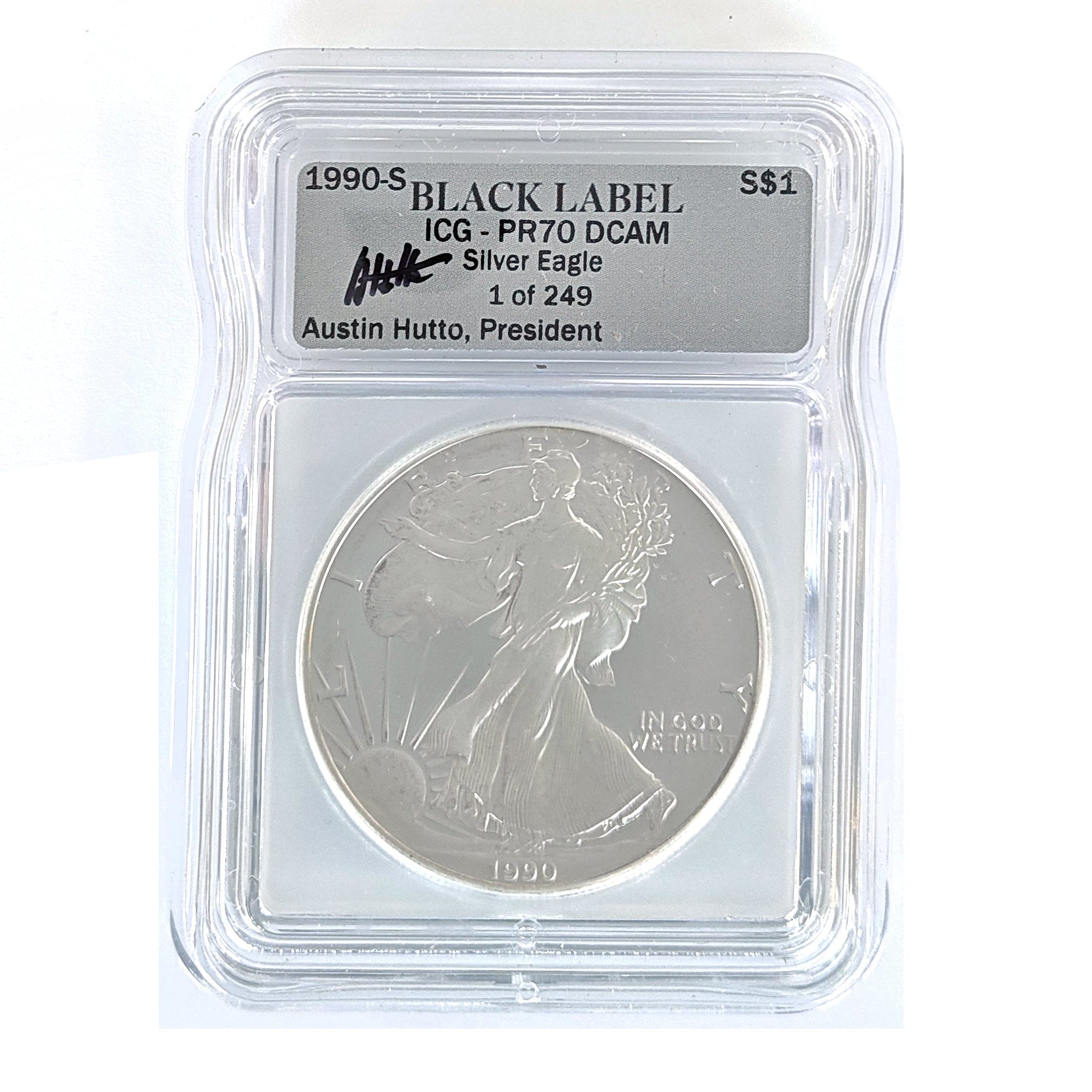 1990-S Proof Silver Eagle – ICG Black Label PR70 DCAM (1 of 249 Signed by Austin Hutto)
