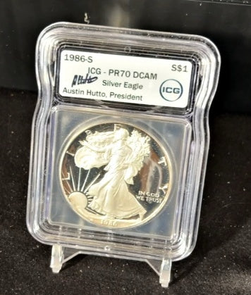 1986-S PR 70 DCAM American Silver Eagle ASE $1 ICG Proof AUSTIN HUTTO (PF 70)