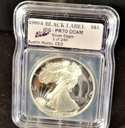 1990-S American Silver Eagle – ICG PR70 DCAM – San Francisco Mint – Desirable Black Label