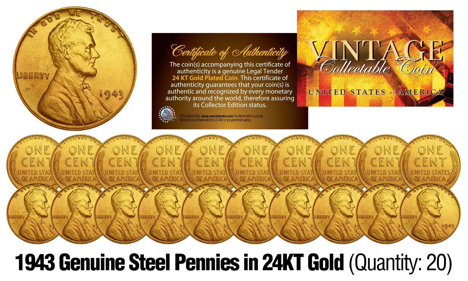 1943 Genuine Steel WWII Lincoln Wheat Penny US Coin 24K GOLD PLATED