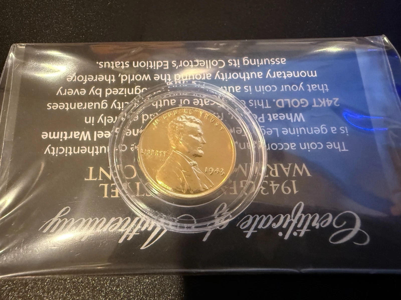 1943 Genuine Steel WWII Lincoln Wheat Penny US Coin 24K GOLD PLATED